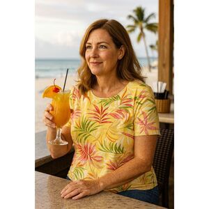 Talbots Petites Yellow/Pink/Green Tropicalcore Print Casual Short Sleeve Top LP